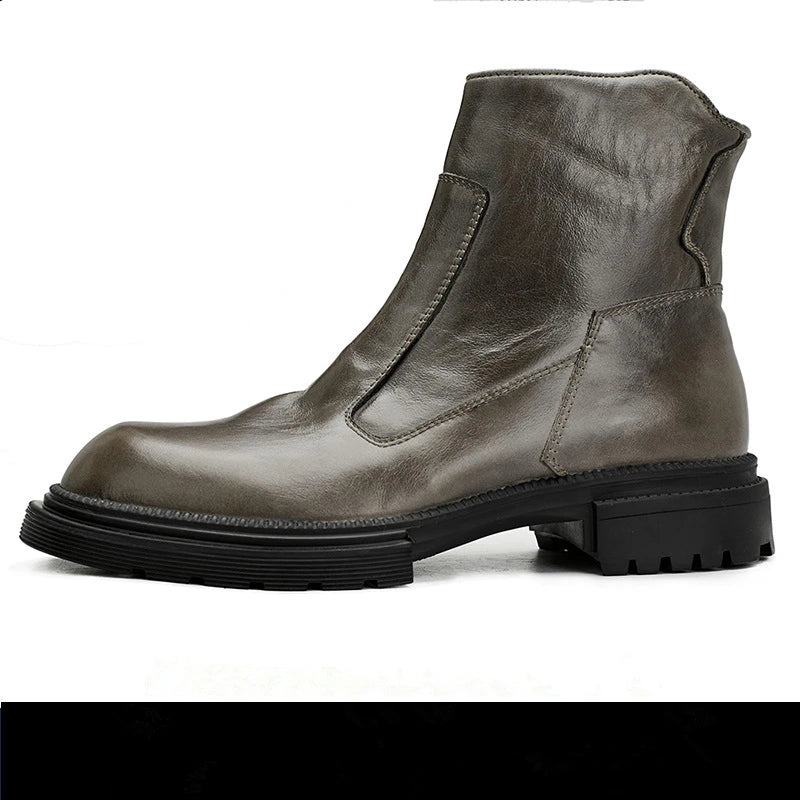 Men's Winter Classical Zipper Full Grain Leather Casual Mid-calf Boots