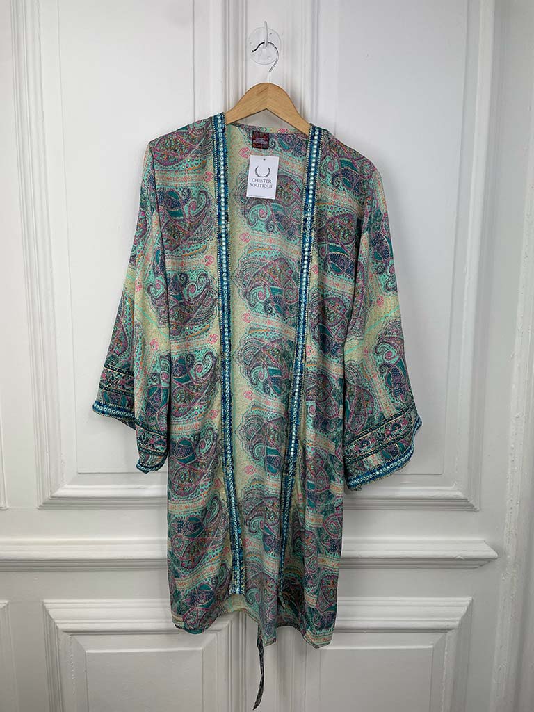 Metallic Paisley Print Embellished Kimono - Mint Green