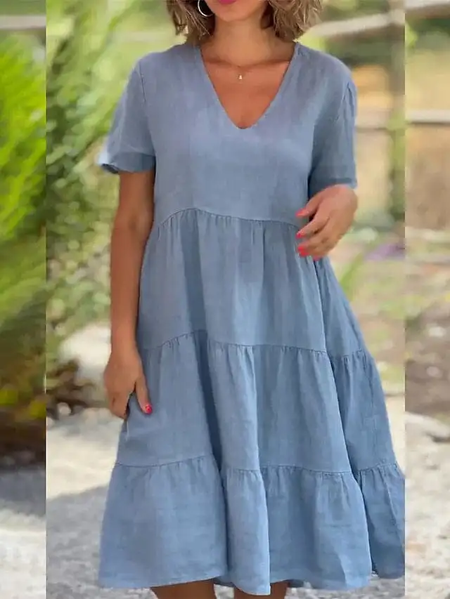 Modern Cotton Linen Swing Dress with Ruched Ruffle Sleeves