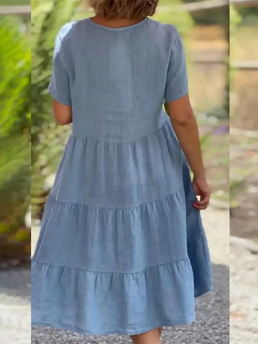 Modern Cotton Linen Swing Dress with Ruched Ruffle Sleeves