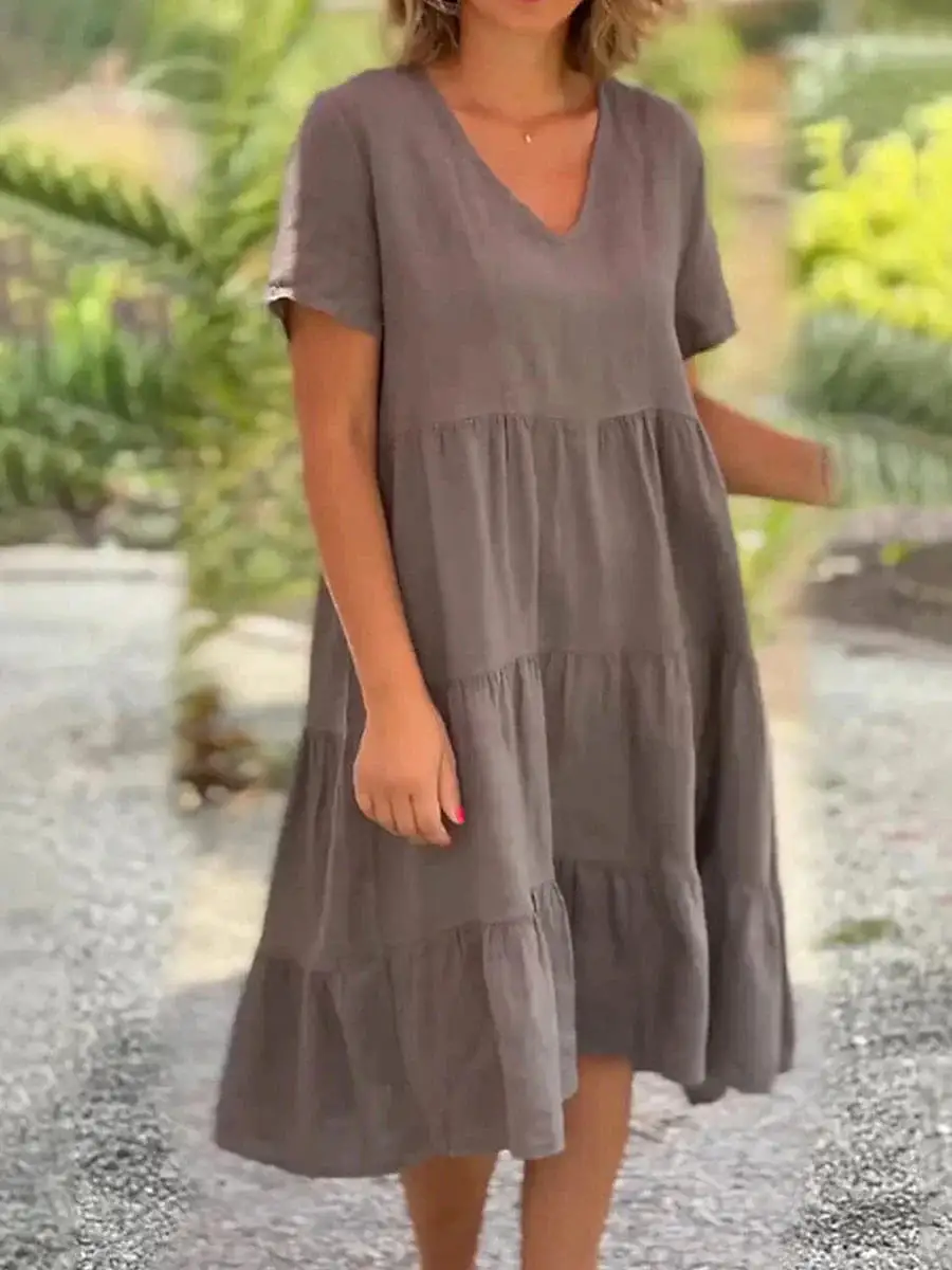 Modern Cotton Linen Swing Dress with Ruched Ruffle Sleeves