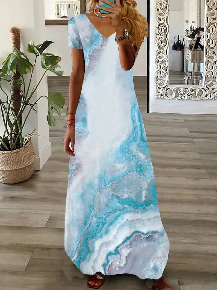 Ombre Marble Print Maxi Dress with Split V-Neck