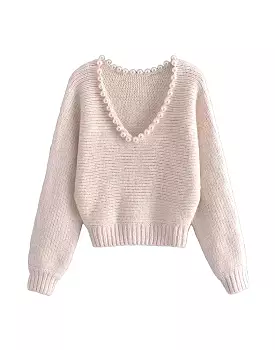 Pearl V Neck Collar Loose Sweater