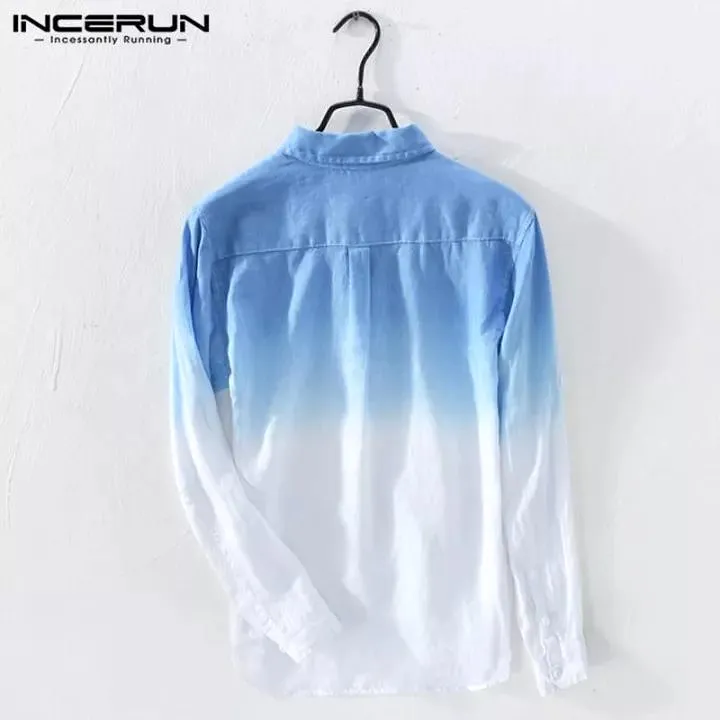 Perfectly INCERUN Men Cotton Linen Gradient Long Sleeve Shirts Casual V Neck Button Fit Tops S3228480