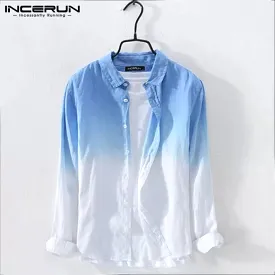 Perfectly INCERUN Men Cotton Linen Gradient Long Sleeve Shirts Casual V Neck Button Fit Tops S3228480