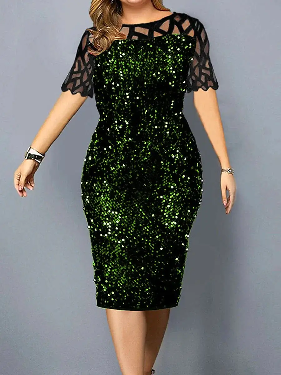 Plus Size Sequin and Lace Midi Party Dress with Short Sleeves