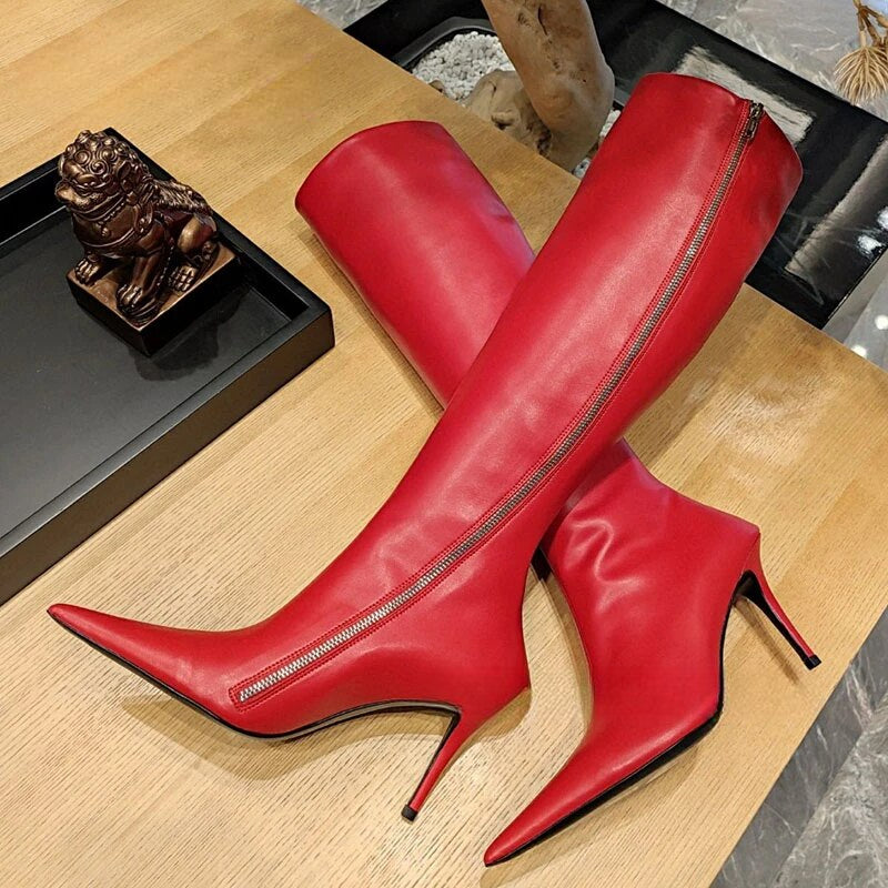 Pointed Toe Genuine Leather Thin High Heel Side Zipper Boots for Women