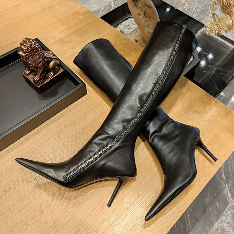 Pointed Toe Genuine Leather Thin High Heel Side Zipper Boots for Women