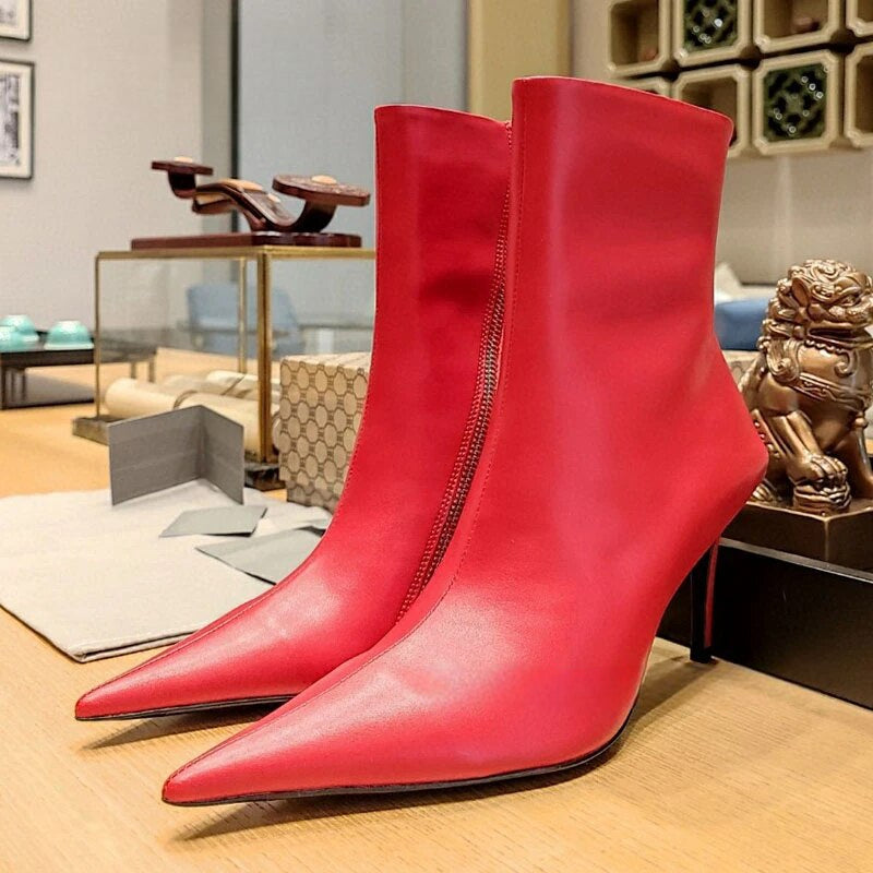 Pointed Toe Genuine Leather Thin High Heel Side Zipper Boots for Women