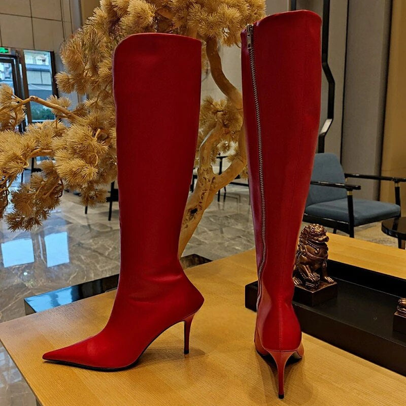 Pointed Toe Genuine Leather Thin High Heel Side Zipper Boots for Women