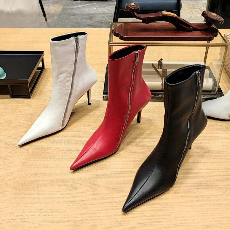 Pointed Toe Genuine Leather Thin High Heel Side Zipper Boots for Women