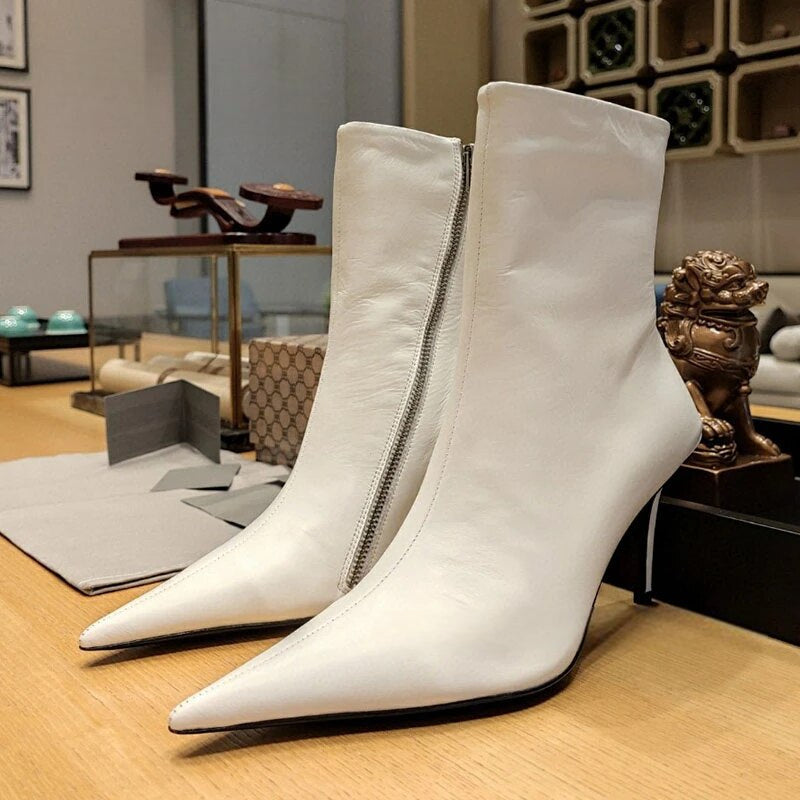 Pointed Toe Genuine Leather Thin High Heel Side Zipper Boots for Women