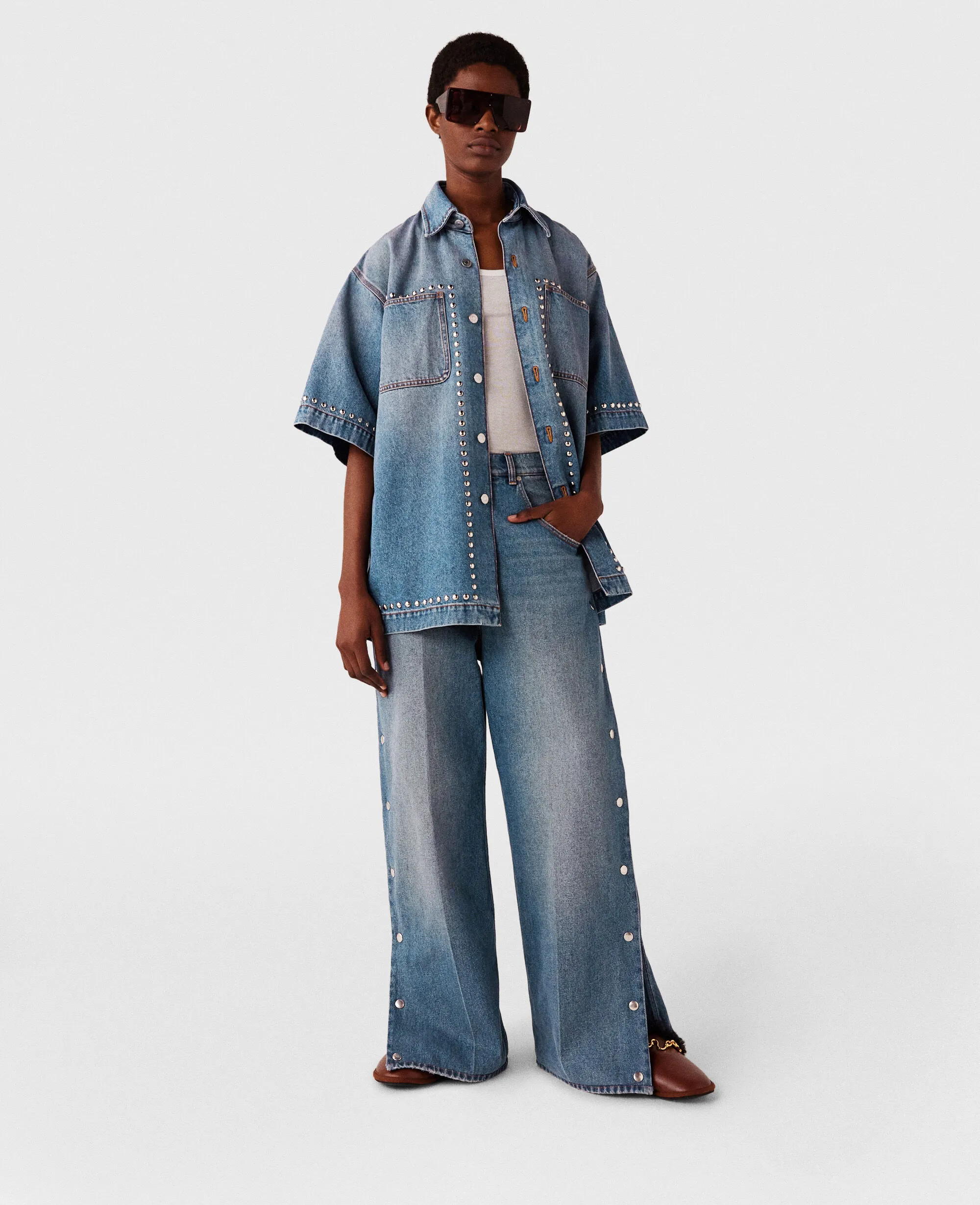 Popper-Studded Bootcut Denim Jeans