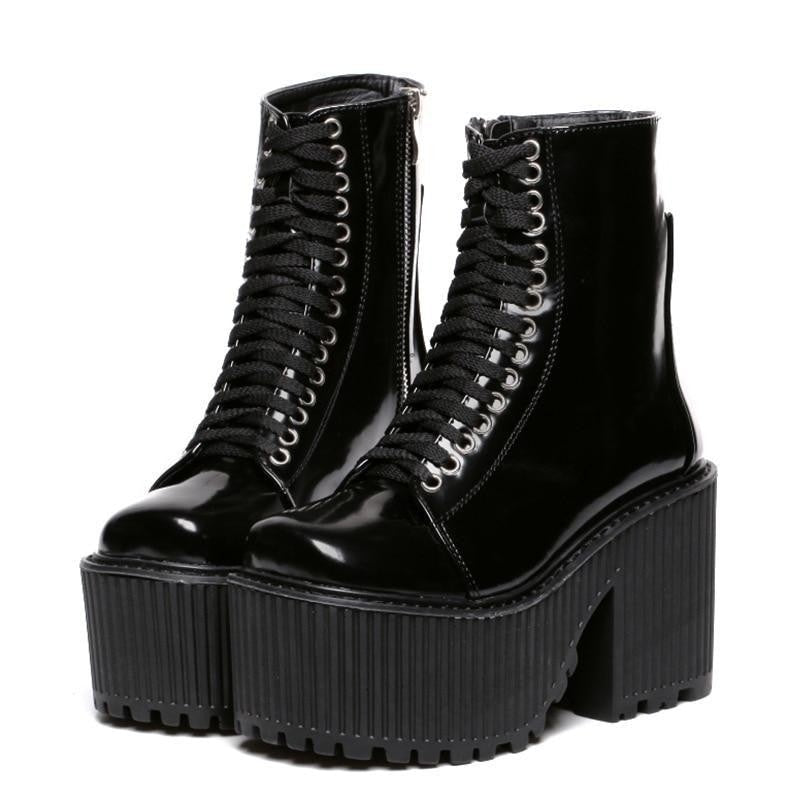 Punk Gothic Black Ankle Platform Boots for Women with Rubber Sole