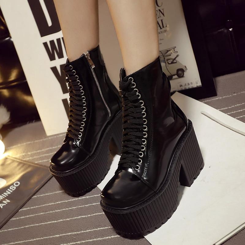 Punk Gothic Black Ankle Platform Boots for Women with Rubber Sole