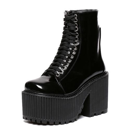 Punk Gothic Black Ankle Platform Boots for Women with Rubber Sole