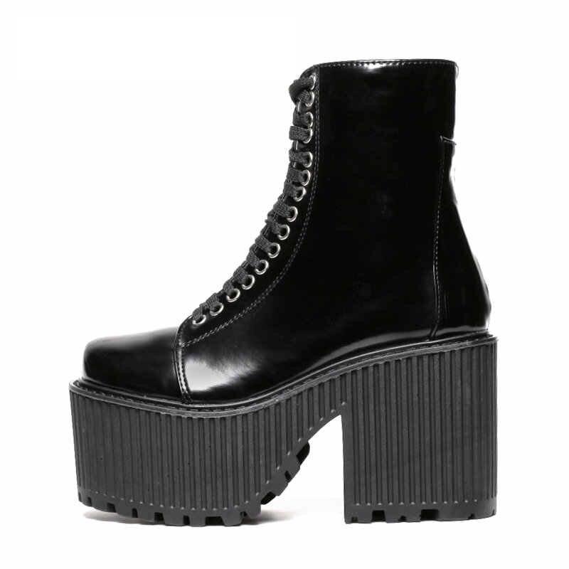 Punk Gothic Black Ankle Platform Boots for Women with Rubber Sole