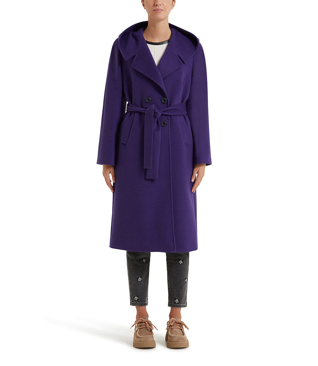 Purple hooded and belted coat