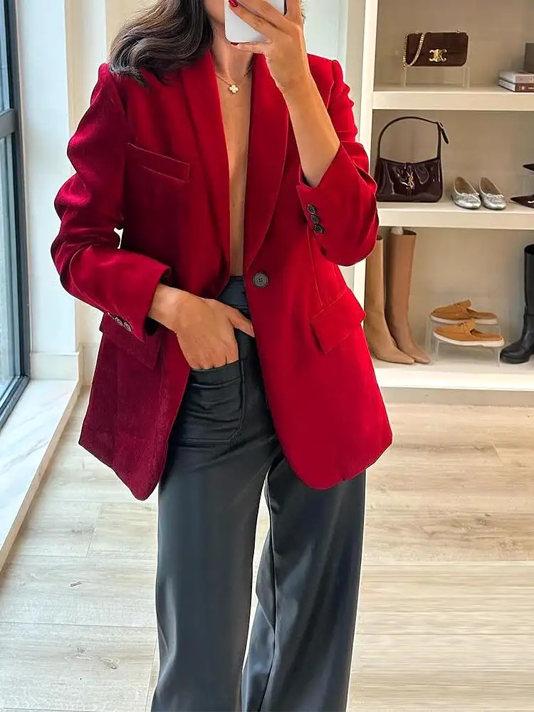 Red Velvet Oversized Blazers Women Long Sleeve V Neck Pockets Jackets