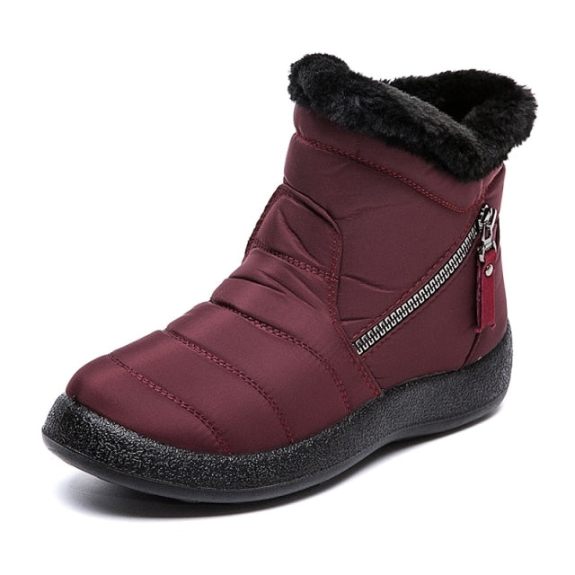 Red Warm Plush Zipper Round Toe Waterproof Snow Boots for Women