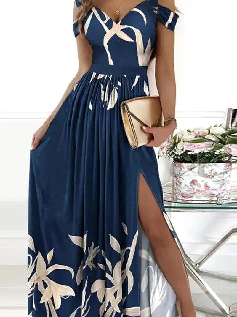 Romantic V-Neck Cold Shoulder Maxi Dress With Short Sleeves