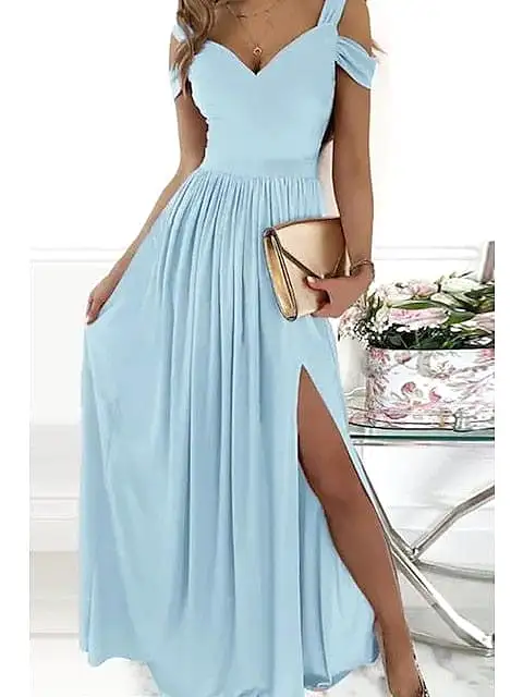 Romantic V-Neck Cold Shoulder Maxi Dress With Short Sleeves