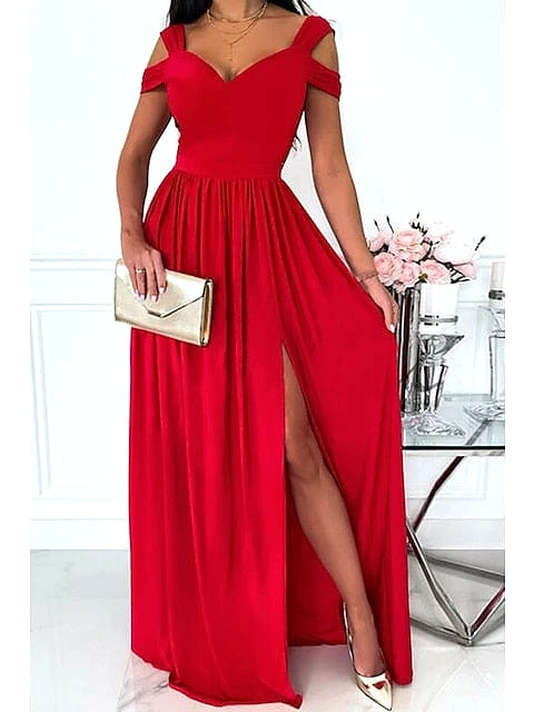 Romantic V-Neck Cold Shoulder Maxi Dress With Short Sleeves