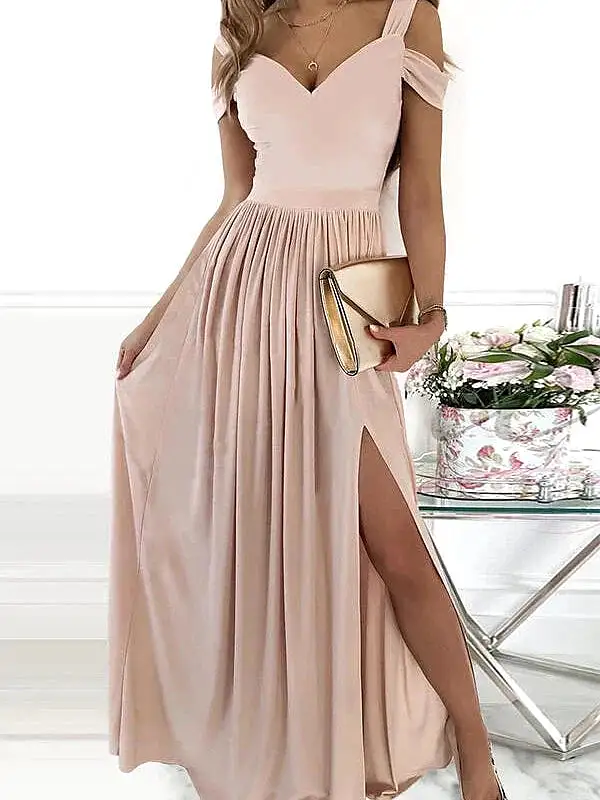 Romantic V-Neck Cold Shoulder Maxi Dress With Short Sleeves