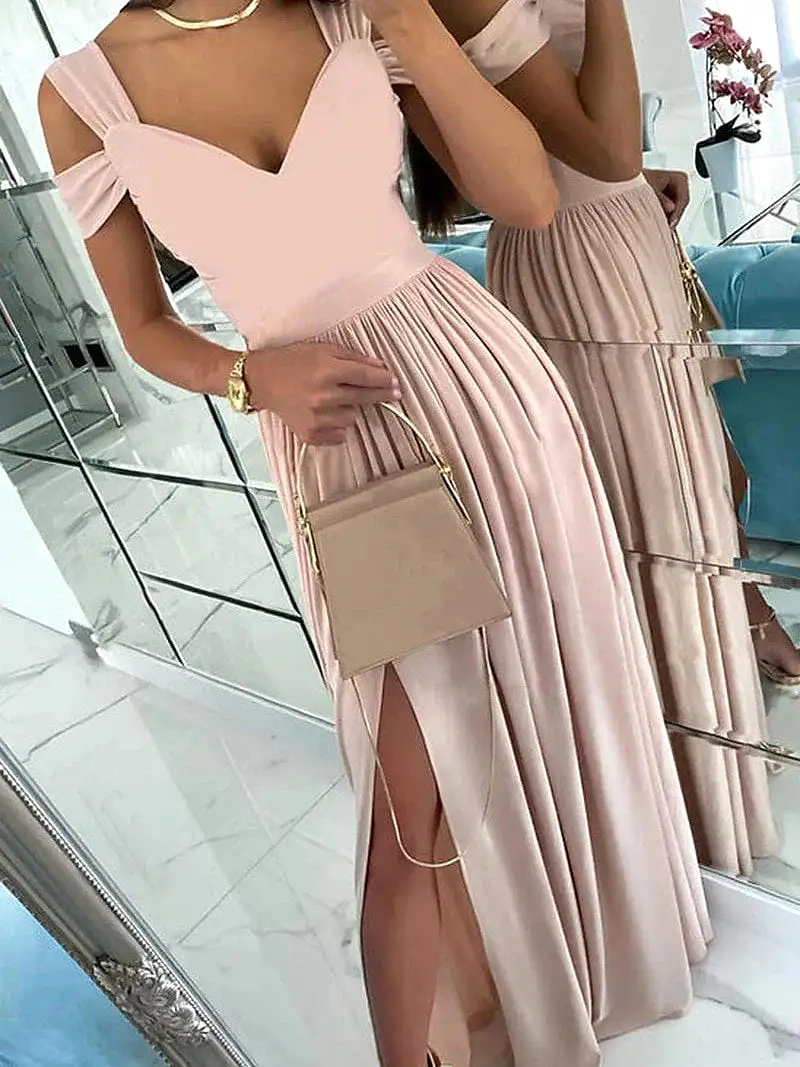 Romantic V-Neck Cold Shoulder Maxi Dress With Short Sleeves