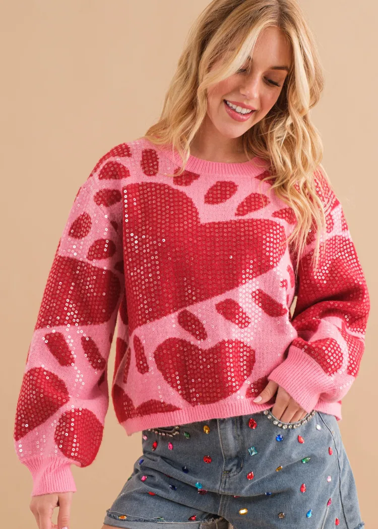 Sequin Heart Pullover Sweater