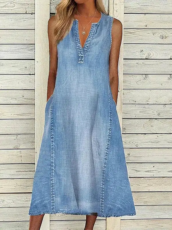 Sleeveless V-Neck Denim Maxi Dress for Women with Split Neck and Pockets