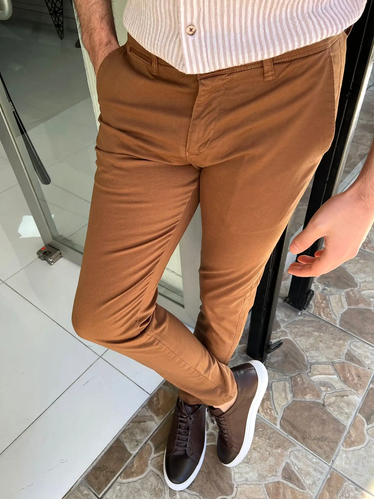 Slim Fit Cotton Camel Pants