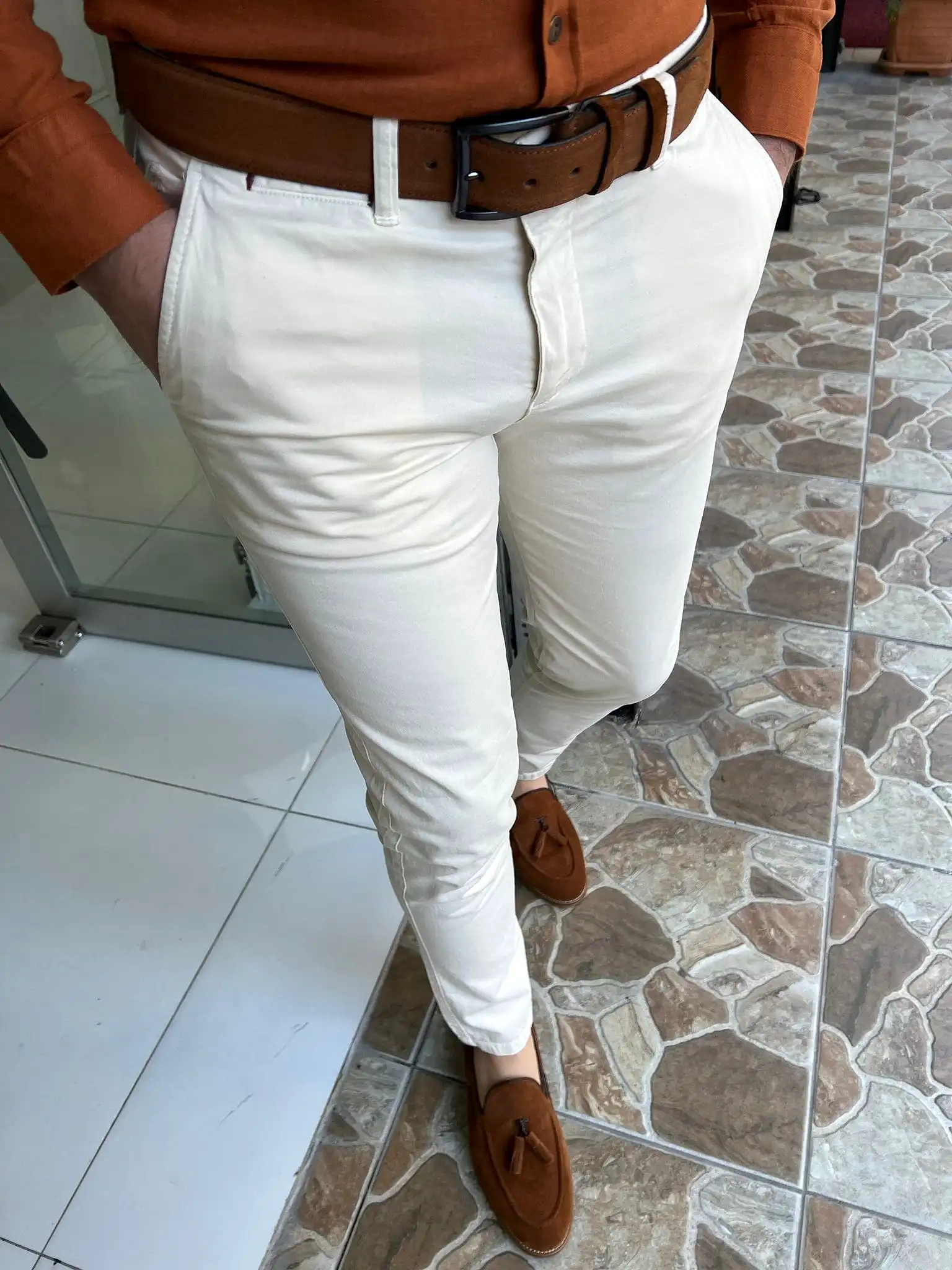 Slim Fit Cotton Cream Pants