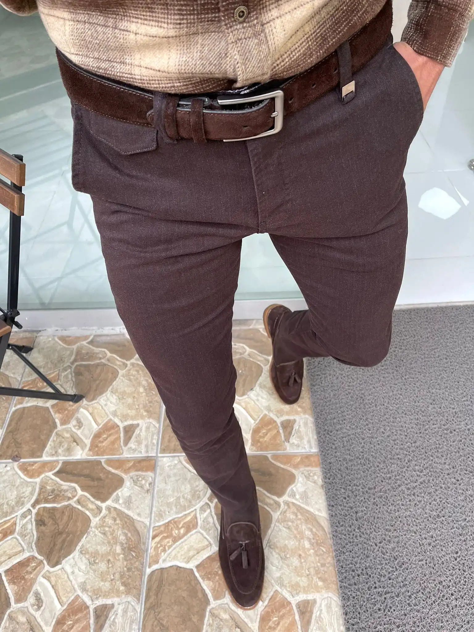 Slim Fit Side Pocket Navy Brown Pants