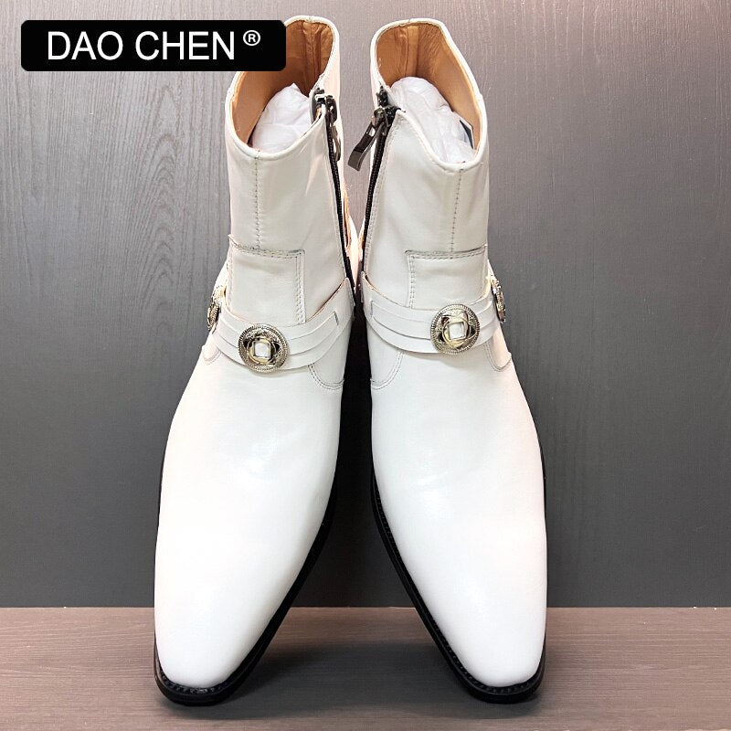 SLIP ON ElEGANT CASUAL SHOES BLACK WHITE LEATHER MAN BOOTS