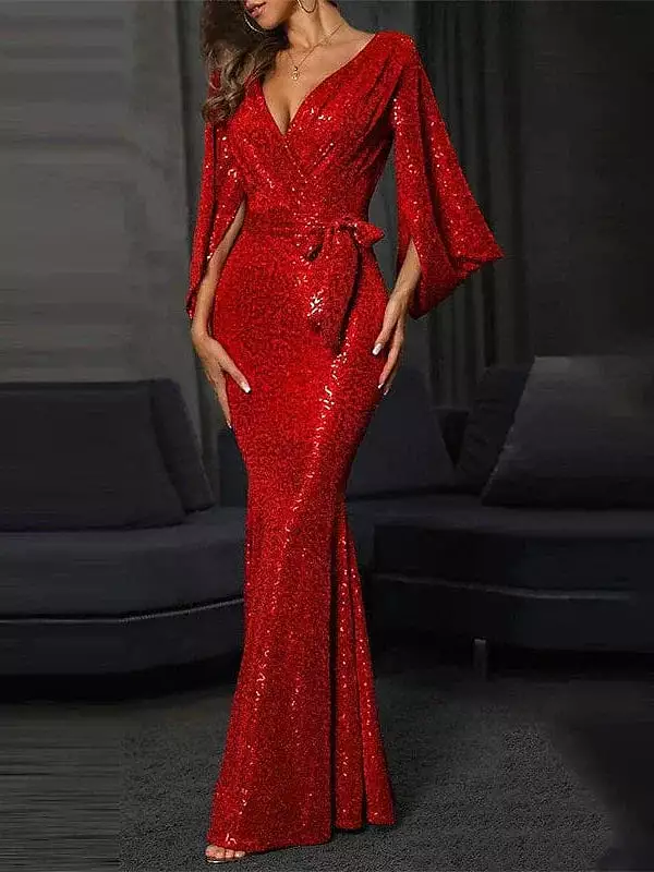 Sparkling Red Sequin Long Sleeve Maxi Dress