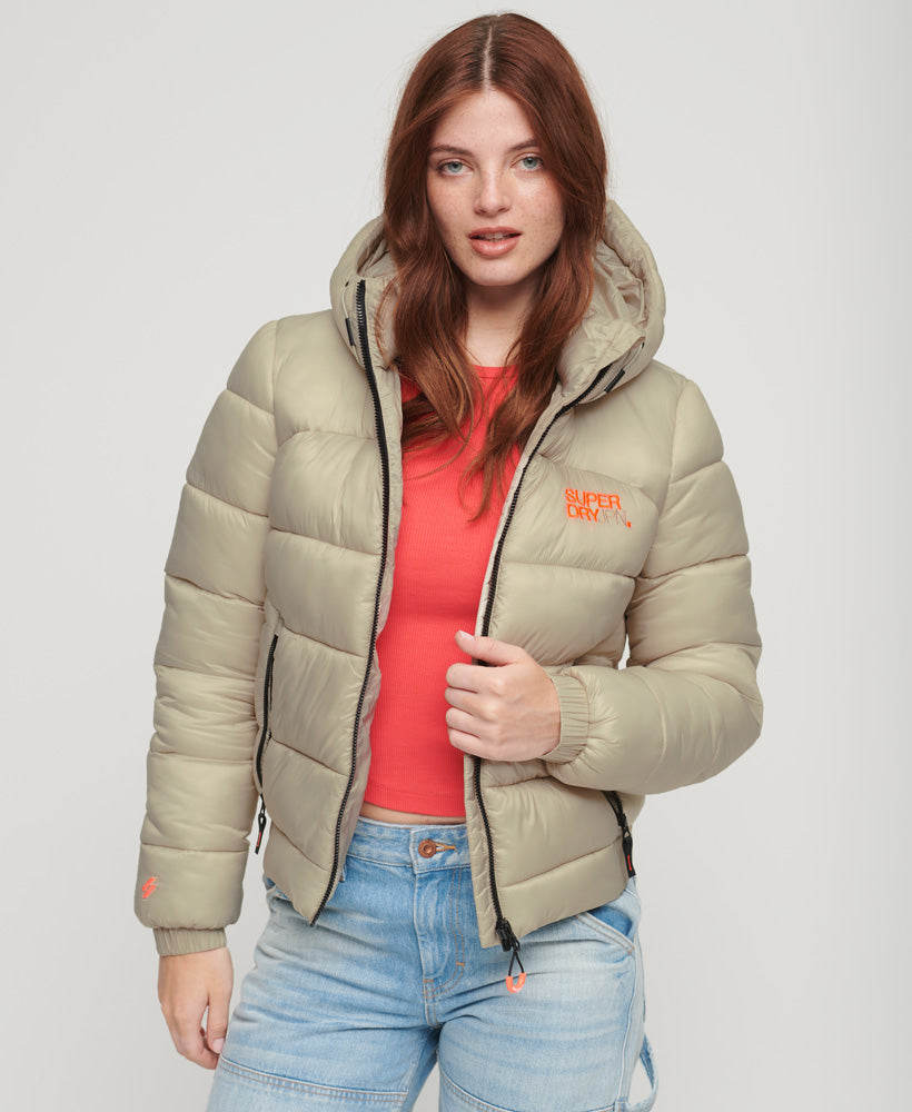 Sports Puffer Bomber Jacket | Pelican Beige