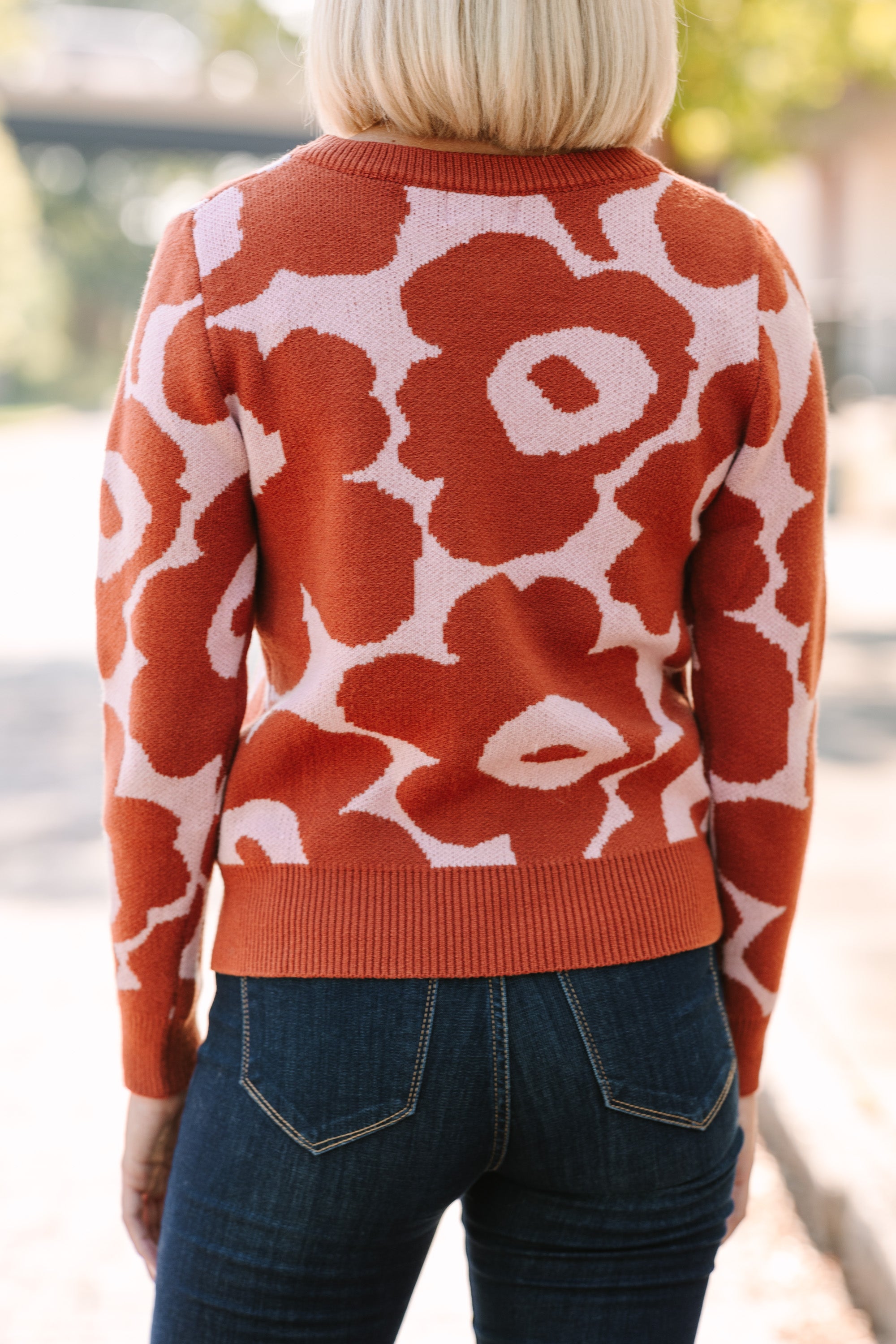 Stay Right There Brick Orange Floral Sweater