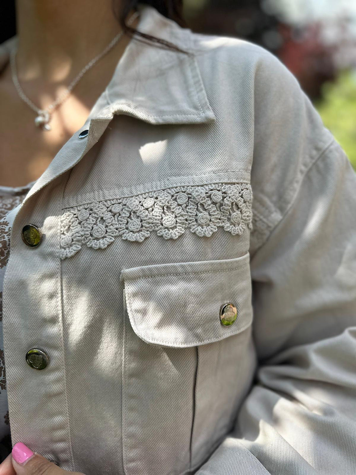 Stone Floral Trim Detail Denim Jacket Paris