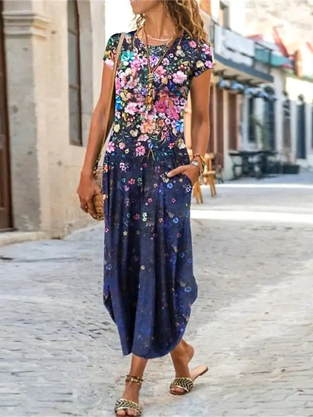 Stylish Floral and Tie Dye Print Maxi Dress with Pockets