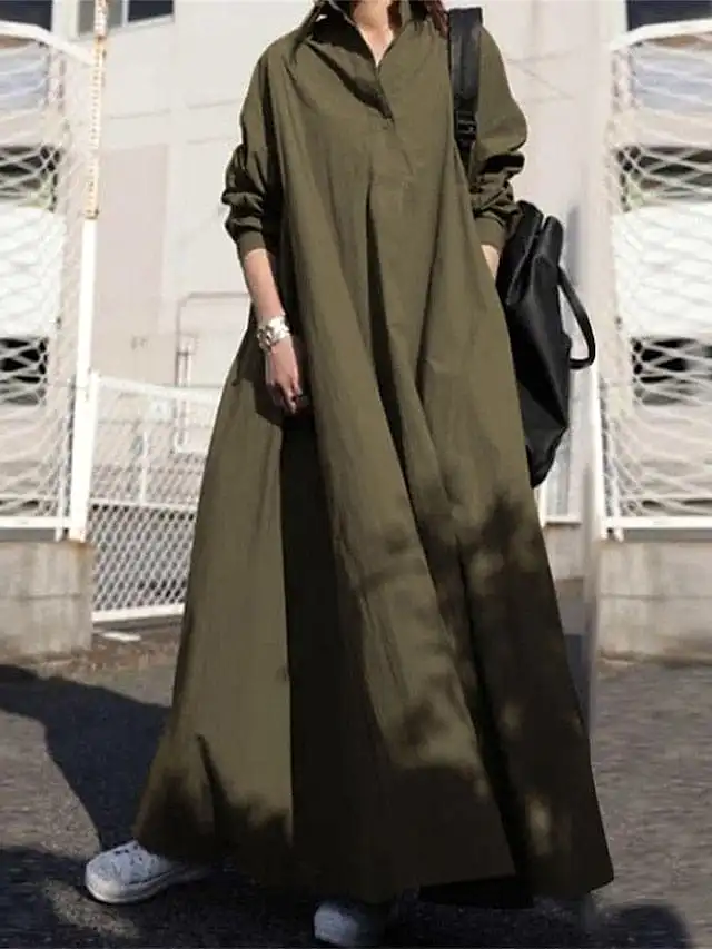 Swing Style Plus Size V Neck Maxi Dress for Women in ArmyGreen and Black Sizes L-4XL