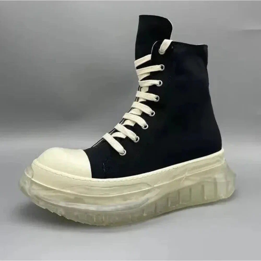 Unisex Black Beige Canvas Lace-up Casual Height Increasing Zipper Boots