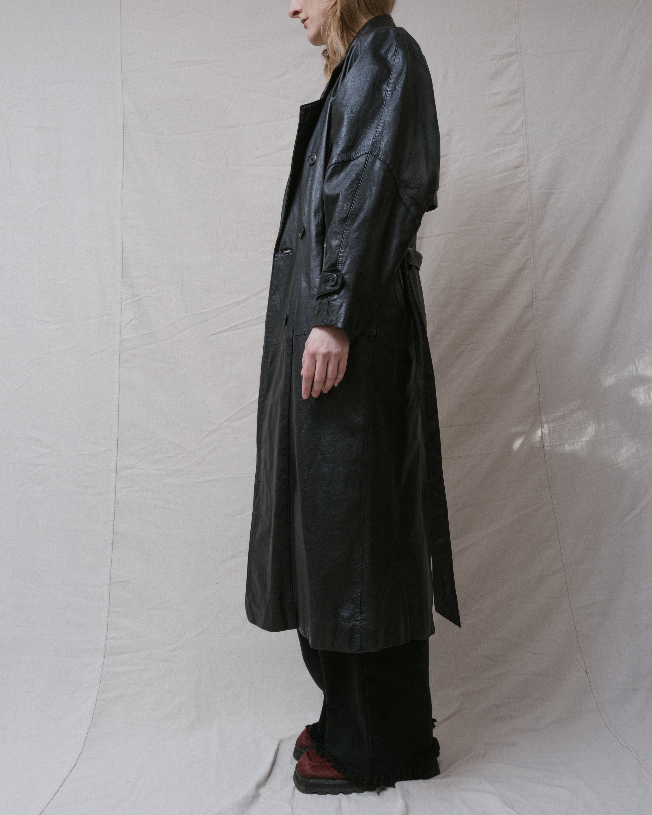 Vintage Black Leather Trench Coat (S/M)