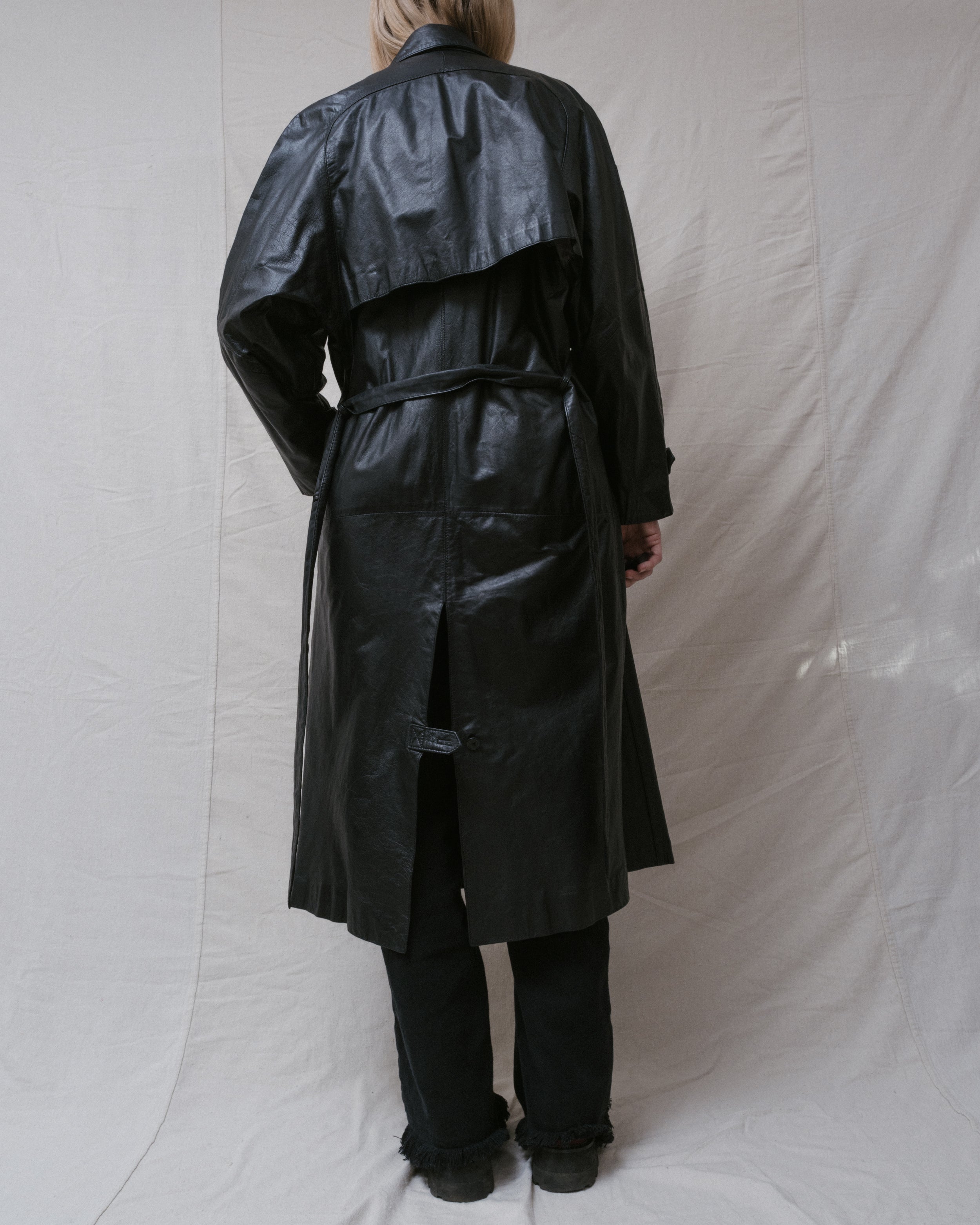 Vintage Black Leather Trench Coat (S/M)