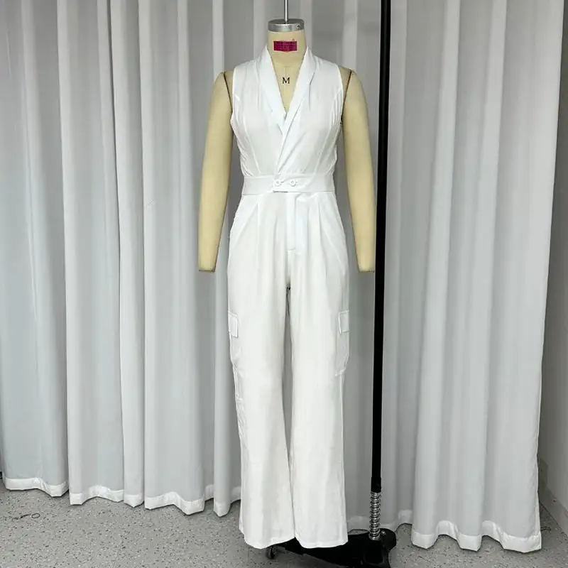 Women Jumpsuit Summer Office Simple Lapel V Neck Sleeveless Backless Solid White With Pocket Female Clothing Streetwear