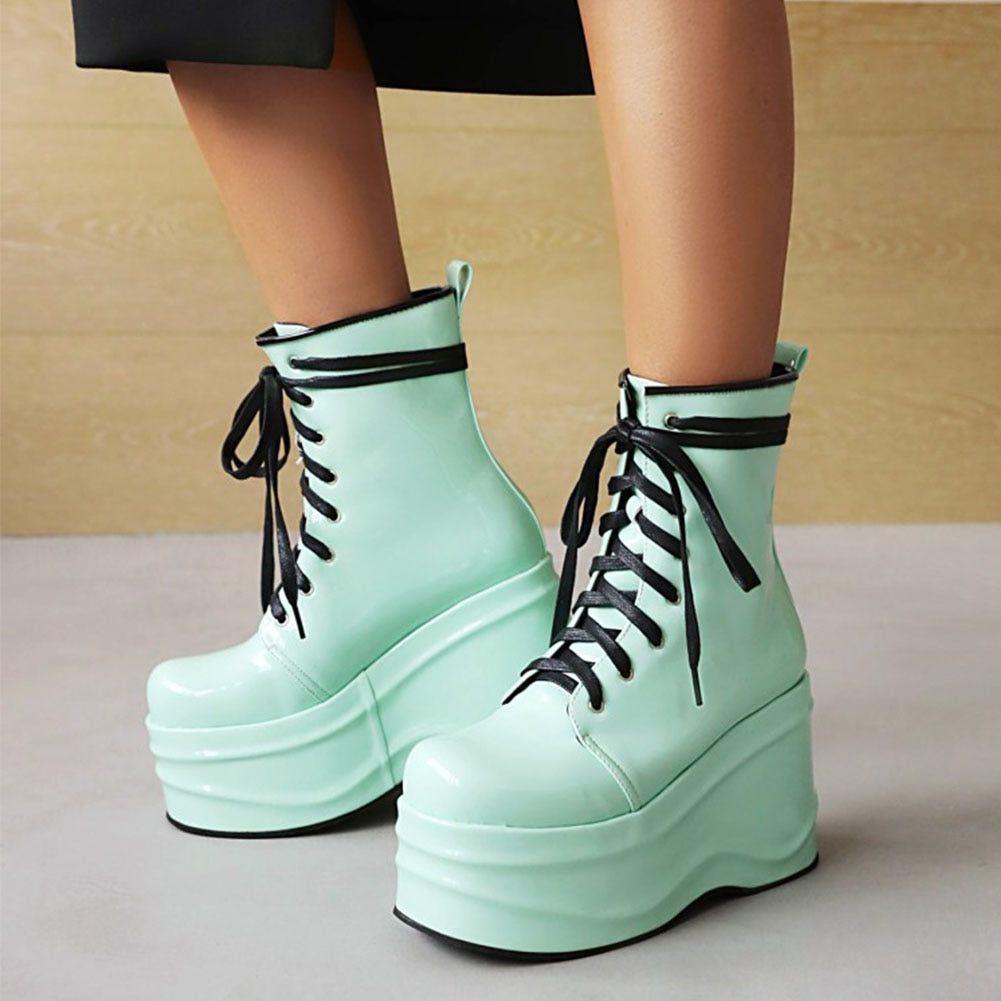 Women Punk Solid Pattern Lace Up Round Toe High Heel Wedge Boots