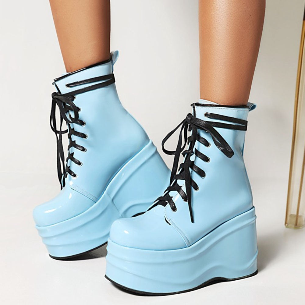 Women Punk Solid Pattern Lace Up Round Toe High Heel Wedge Boots