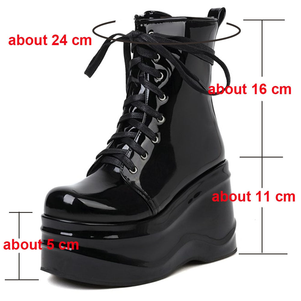 Women Punk Solid Pattern Lace Up Round Toe High Heel Wedge Boots