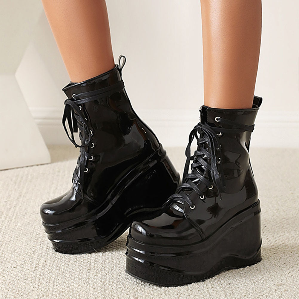 Women Punk Solid Pattern Lace Up Round Toe High Heel Wedge Boots