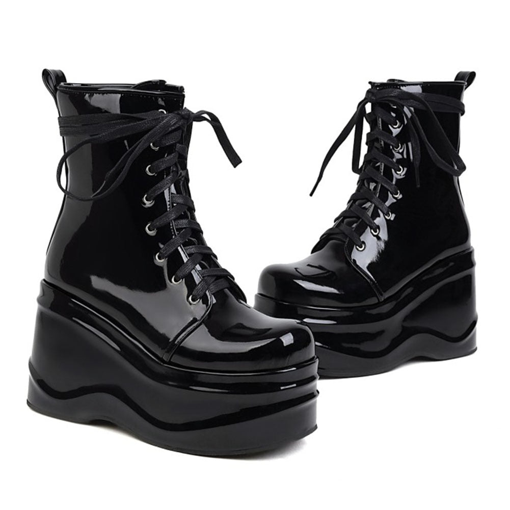 Women Punk Solid Pattern Lace Up Round Toe High Heel Wedge Boots